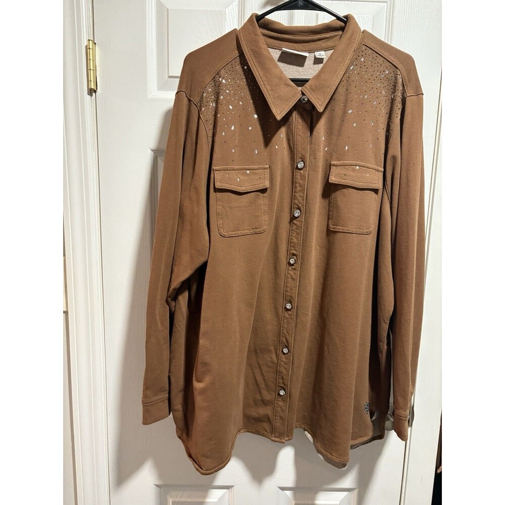 DREAM JEANNES QUACKER FACTORY Brown Rhinestone Button Jacket Size 3X Light